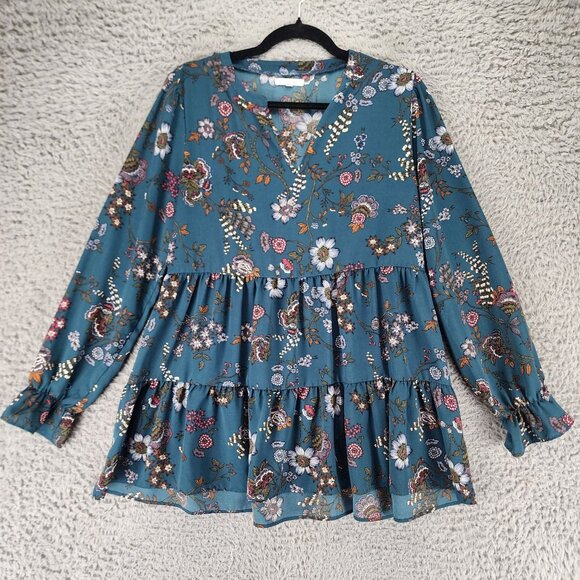 Maurices Top Womens Medium Blue Floral Print Long Sleeve Blouse *GUC* - Picture 1 of 9